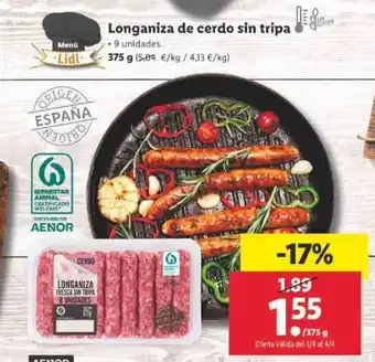 Lidl Longaniza de cerdo sin tripa, 9 unidades 375g oferta