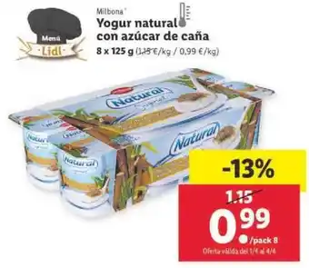Lidl Mibona Yogur natural con azúcar de caña 8 x 125g oferta