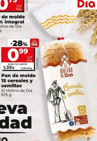 Dia Pan de molde 15 cereales y semillas El Molino de Dia 675 g oferta