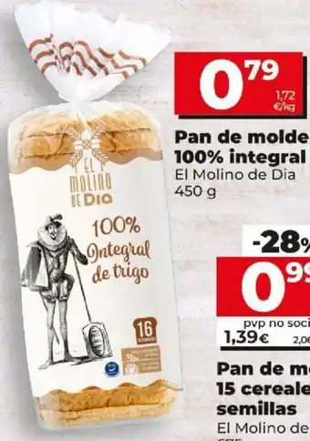 Dia Pan de molde 100% integral El Molino de Dia 450g oferta