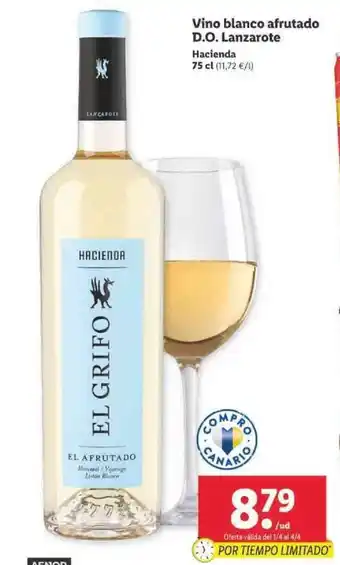 Lidl Hacienda Vino blanco afrutado D.O. Lanzarote 75cl oferta