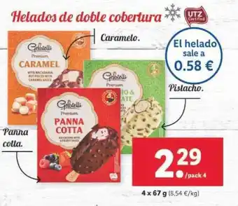 Lidl Gelatelli Helados de doble cobertura, Caramelo, Pistacho, Panna Cotta 4 x 67g, pack 4 oferta