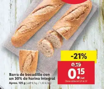 Lidl Barra de bocarillo con un 30% de harina integral Aprox. 125g oferta