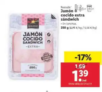 Lidl Realvalle Jamón cocido extra sándwich En lonchas 250g oferta