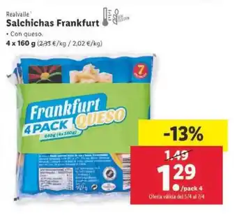 Lidl Realvalle Salchichas Frankfurt con queso 4 x 160g oferta