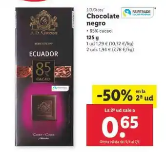 Lidl J.D.Gross Chocolate negro 85% cacao 125g oferta