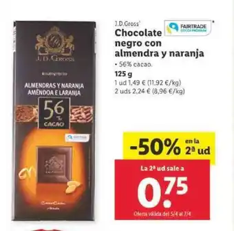 Lidl J.D.Gross Chocolate negro con almendra y naranja 56% cacao 125g oferta