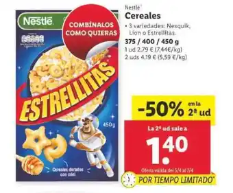 Lidl Nestlé Cereales, 3 variedades: Nesquik, Lion o Estrellitas 375 / 400 / 450g oferta