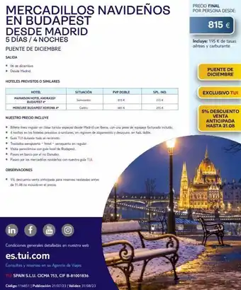 Tui Travel PLC Mercadillos navideños en budapest desde madrid 5 días / 4 noches puente de diciembre salida • 06 de diciembre. • desde m oferta