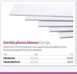 Dideco Tipo  5láminas a3 1lámina 50x70 cm  cartón pluma blanco garriga  cartón de 5mm formado por una capa de espuma plástica y dos  oferta