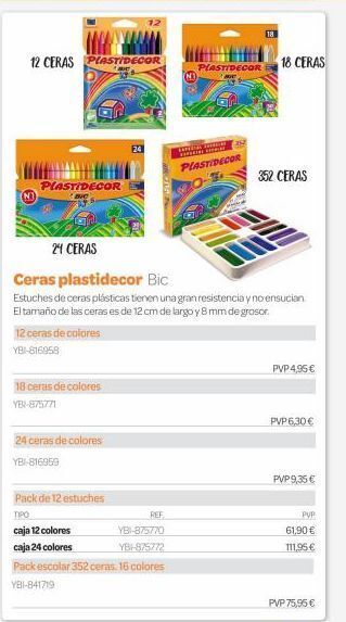 Dideco 12 ceras plas  plastidecor  12 ceras de colores ybi-816958  18 ceras de colores ybi-875771  24 ceras de colores  ybi-816959   oferta