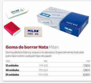 Dideco Milan- tipo  12 unidades  48 unidades  24 unidades  milan  nata 648  goma de borrar nata milan  goma plástica blanca, suave y oferta