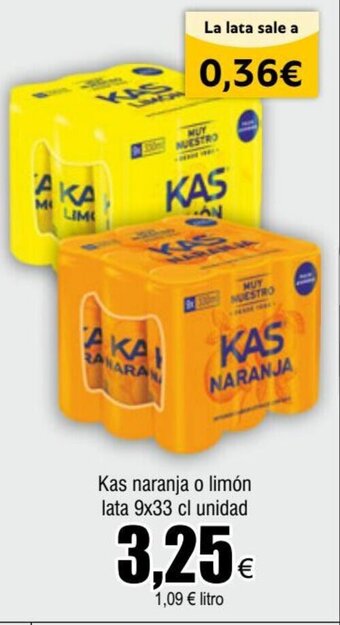 FROIZ Kas naranja o limón lata 9x33 cl unidad oferta
