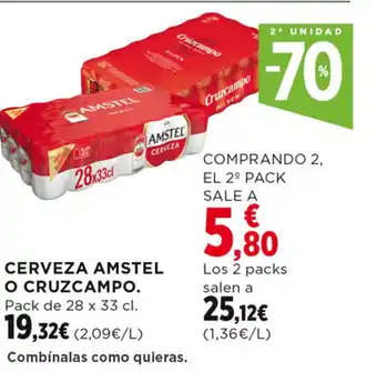 Hipercor CERVEZA AMSTEL O CRUZCAMPO. Pack de 28 x 33 cl. oferta