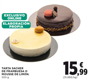 Hipercor TARTA SACHER DE FRAMBUESA O MOUSSE DE LIMÓN. 500 g. oferta