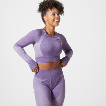 Decathlon Camiseta crop top fitness burdeos manga larga sin costuras oferta