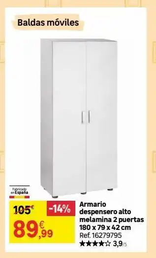 Leroy Merlin Baldas móviles fabricado en españa 105€ -14% -14% 89,99 armario despensero alto melamina 2 puertas 180 x 79 x 42 cm ref oferta