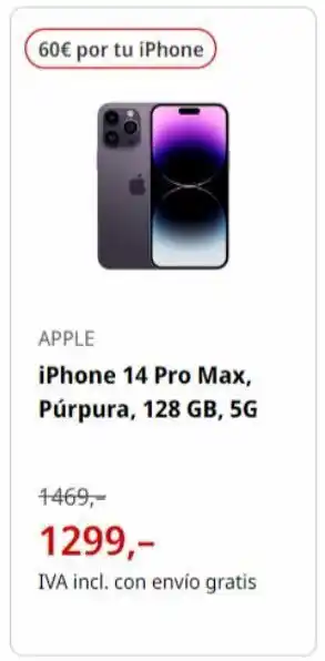 MediaMarkt 60€ por tu iphone apple iphone 14 pro max, púrpura, 128 gb, 5g 1469,- 1299,- iva incl. con envío gratis oferta