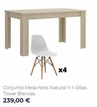 Muebles Sayez Am x4 conjunto mesa ness natural y 4 sillas tower blancas 239,00 € oferta
