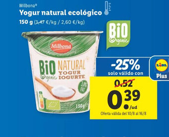 Lidl Yogur natural ecológico oferta