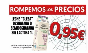 Hiper Usera LECHE "CLESA" DESNATADA O SEMIDESNATADA SIN LACTOSA 1L oferta