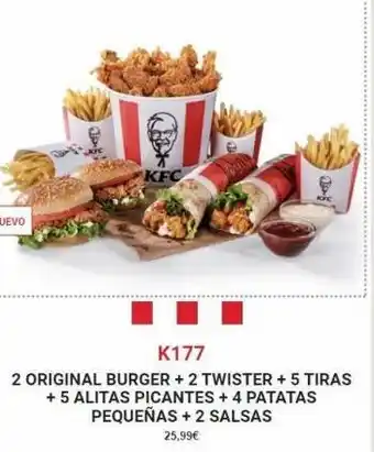 KFC K177 2 original burger + 2 twister + 5 tiras + 5 alitas picantes + 4 patatas pequeñas + 2 salsas 25,99€ kfc oferta