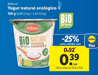 Lidl Milbona Yogur natural ecológico oferta