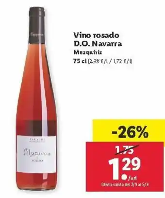 Lidl Vino rosado D.O. Navarra Mezquíriz 75cl oferta
