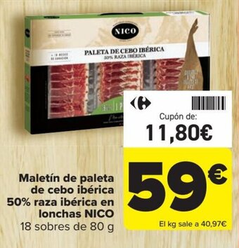 Carrefour Maletín de paleta de cebo ibérica 50% raza ibérica en lonchas NICO 18 sobres de 80 g oferta