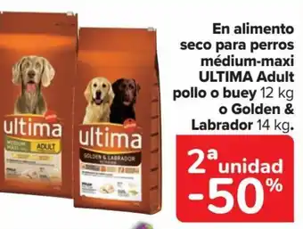 Carrefour En alimento seco para perros médium-maxi ULTIMA Adult pollo o buey 12 kg o Golden & Labrador 14 kg. oferta
