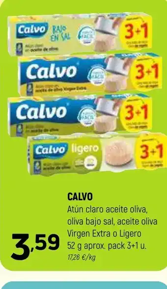 Coviran CALVO Atún claro aceite oliva, oliva bajo sal, aceite oliva Virgen Extra o Ligero 52 g aprox. pack 3+1 u. 17,26 €/kg oferta