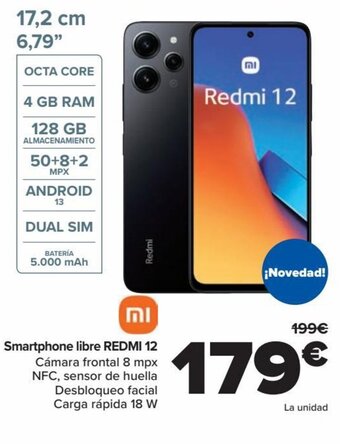 Carrefour Smartphone libre REDMI 12 Cámara frontal 8 mpx NFC, sensor de huella Desbloqueo facial Carga rápida 18 W oferta