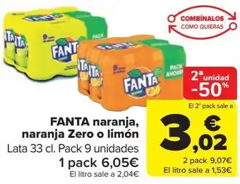 Carrefour Fanta naranja, naranja zero o limón oferta