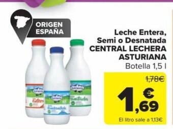 Carrefour Leche Entera, Semi o Desnatada CENTRAL LECHERA ASTURIANA Botella 1,5 I oferta