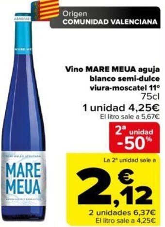 Carrefour Vino MARE MEUA aguja blanco semi-dulce viura-moscatel 11° oferta