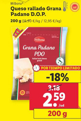 Lidl Milbona Queso rallado Grana Padano D.O.P. oferta