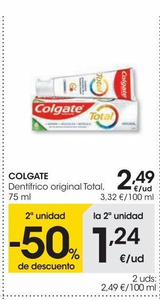 Eroski Colgate dentífrico original total 75 ml oferta