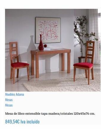 Adama Muebles Muebles adama mesas mesas mesa de libro extensible tapa madera/cristales 120x45x76 cm. 849,54€ iva incluido oferta