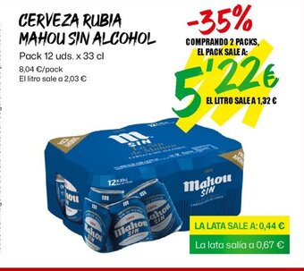 AhorraMas CERVEZA RUBIA MAHOU SIN ALCOHOL Pack 12 uds. x 33 cl oferta
