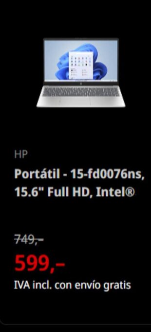 MediaMarkt HP Portátil - 15-fd0076ns, 15.6" Full HD, Intel® oferta