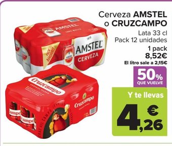 Carrefour Cerveza AMSTEL o CRUZCAMPO Lata 33 cl Pack 12 unidades oferta