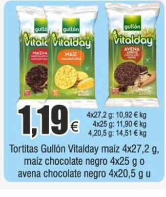 FROIZ Tortitas Gullón Vitalday maíz 4x27,2 g, maíz chocolate negro 4x25 g o avena chocolate negro 4x20,5 g u oferta