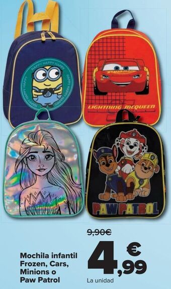 Carrefour Mochila infantil frozen, cars, minions o paw patrol oferta
