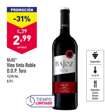 ALDI Bajoz Vino tinto Roble D.O.P. Toro 0,75L oferta