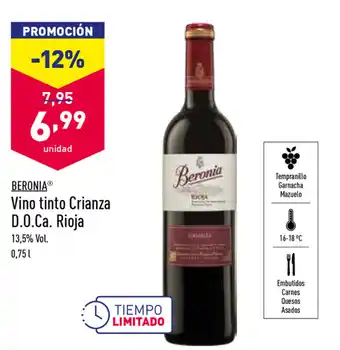 ALDI Beronia Vino tinto Crianza D.O.Ca. Rioja 0,75 L oferta