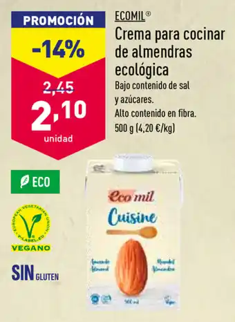 ALDI Ecomil Crema para cocinar de almendras ecológica oferta
