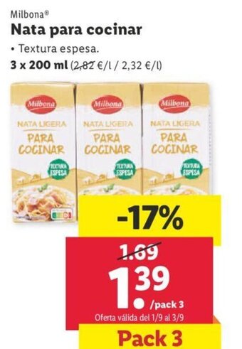 Lidl Milbona® Nata para cocinar oferta