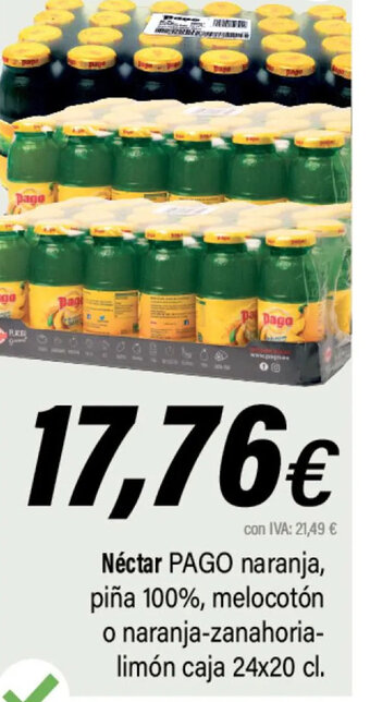 Cash Ifa Néctar PAGO naranja, piña 100%, melocotón o naranja-zanahoria-limón caja 24x20 cl. oferta