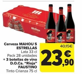 Carrefour Cerveza mahou 5 estrellas + 3 botellas de vino d.o.ca. rioja faustino oferta