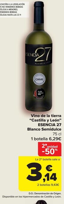Carrefour Vino de la tierra “castilla y león” esencia 27 blanco semidulce oferta